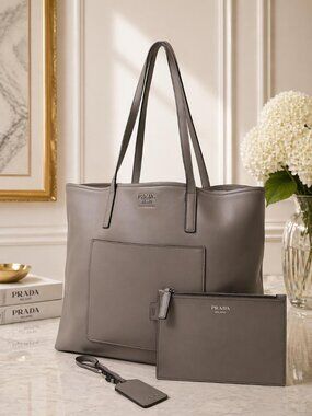 Authentic Prada Leather Tote Bag Gray Double Handle Large Shoulder Bag w/ Pouch